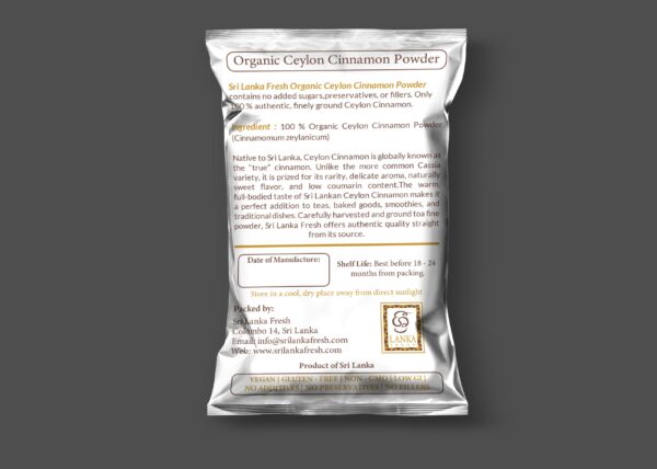 Cinnamon powder backside Pure Organic Ceylon Cinnamon Powder – Directly From The Origin
